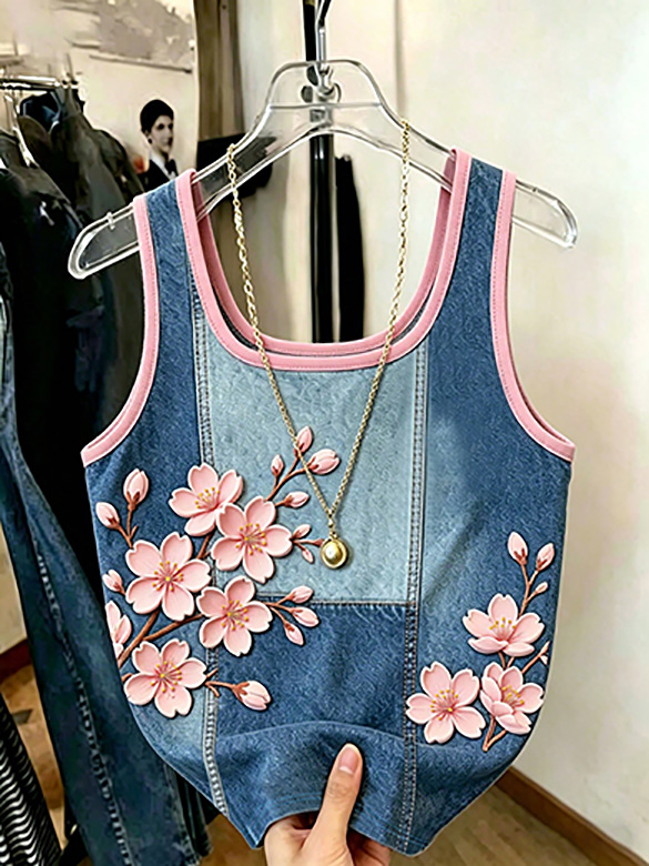 full front view denim print sleeveless tank top floral camisole