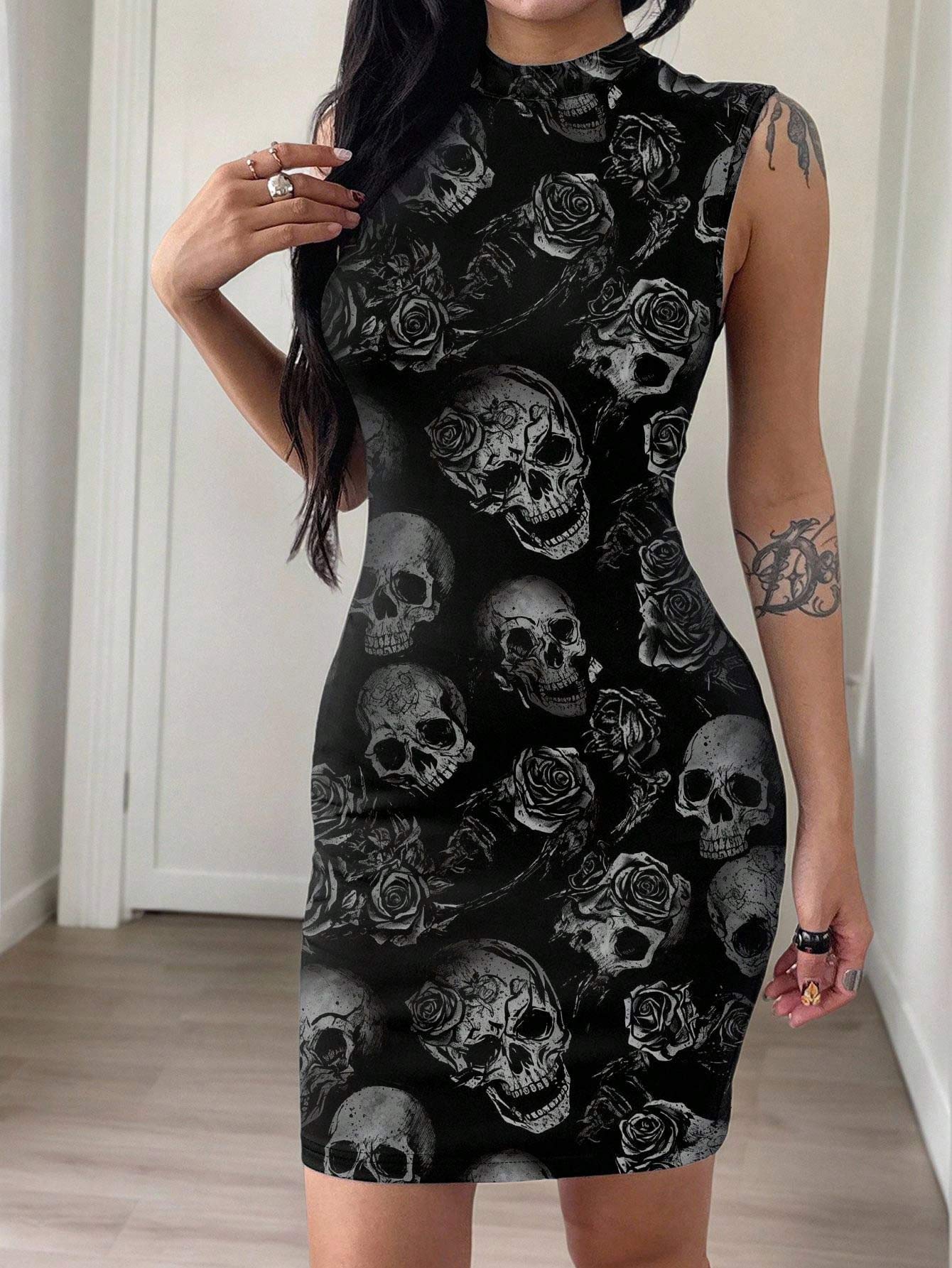 sexy skeleton print bodycon front shot, cool halloween dresses women mini halloween costume for night party