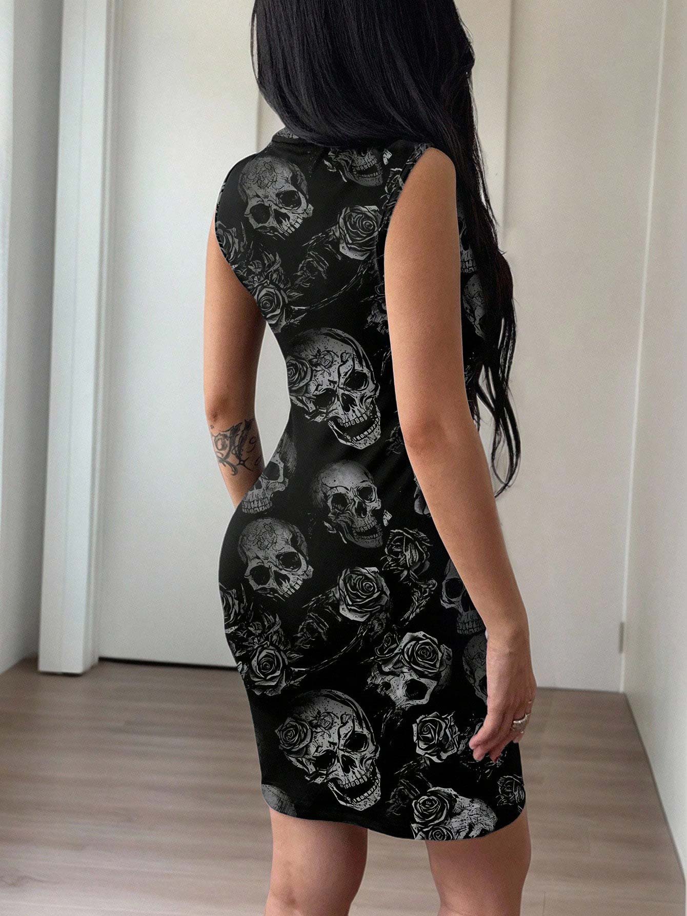 back view tight skeleton halloween dress, stretch bodycon halloween costume for women cosplay events