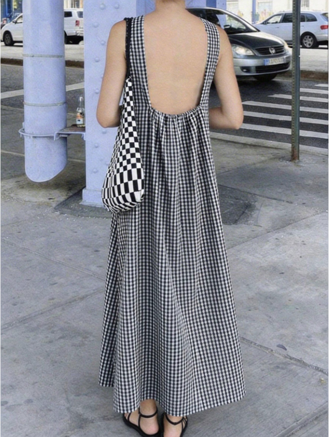 full front oversized black white plaid slip maxi dress, loose plaid maxi slip dress minimalist casual Plaid Dress women summer daily streetwear