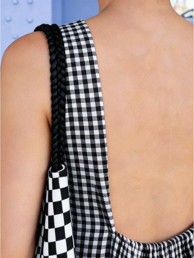 thin slip strap close up black white plaid maxi dress, minimalist slip plaid dress oversized plaid dress women