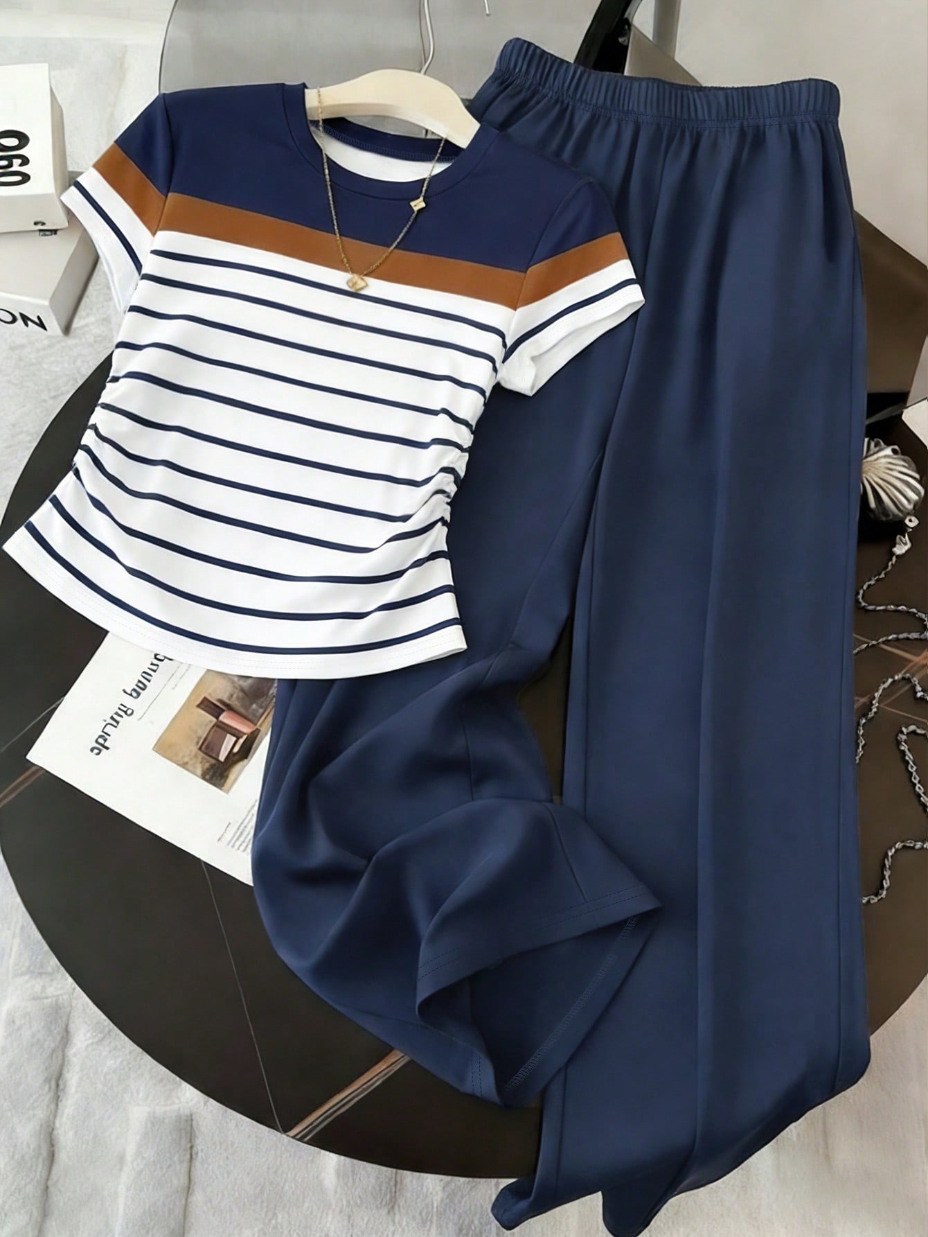 full hanging shot navy white color block striped women 2 piece daily set, summer vacation matching daily outfit set