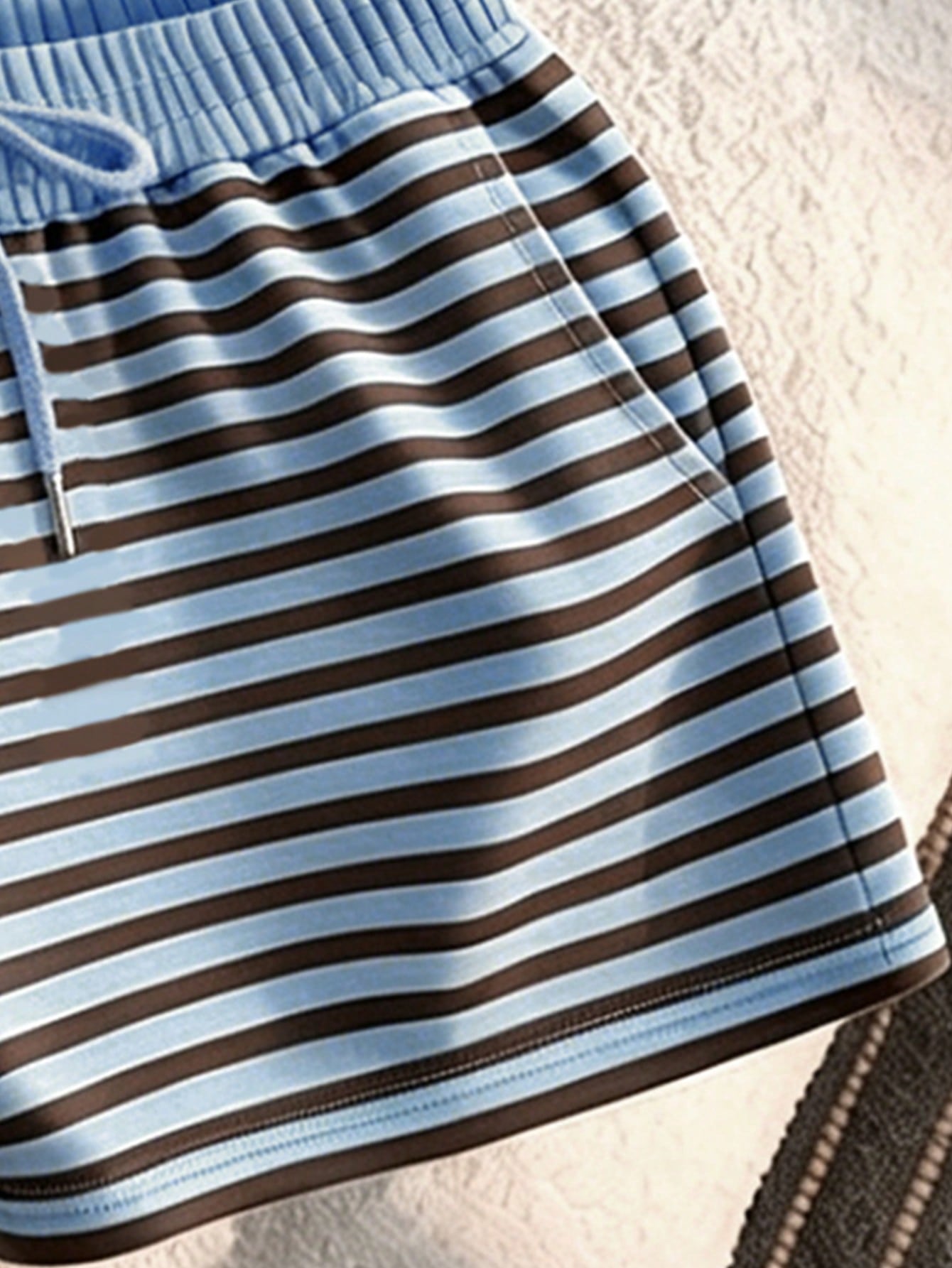 tank top close up thin spaghetti strap detail, blue brown striped matching tank shorts lounge set daily wear