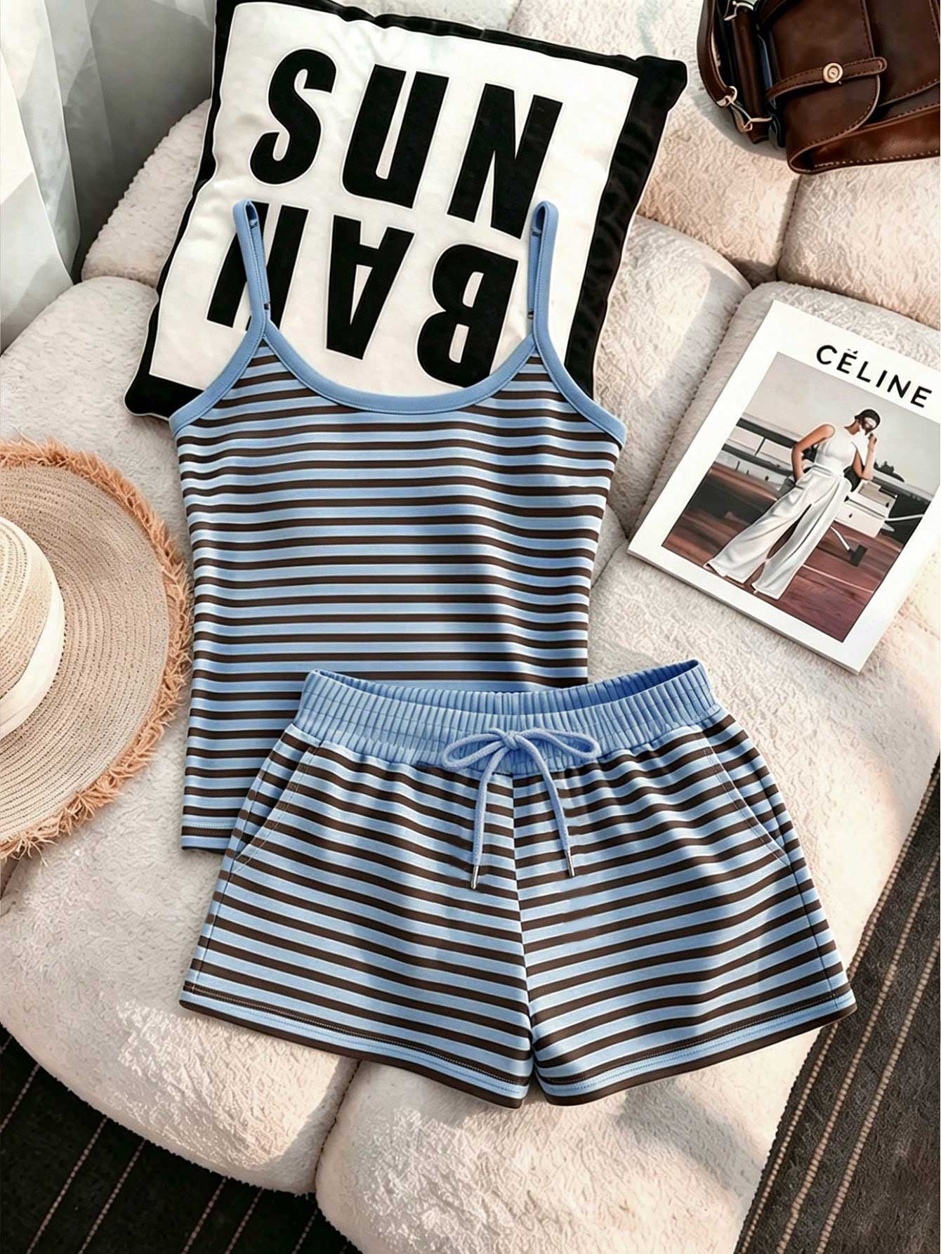 striped shorts elastic waist detail lightweight stretch casual daily wear lounge set for summer outdoor