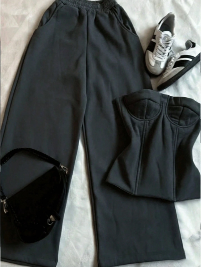 wide leg pants drawstring waist detail, stretch polyester sexy matching sets with side pockets